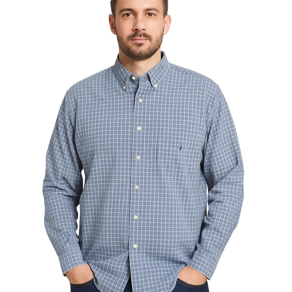 Nautica Men’s Button-Down Shirt – Blue Plaid – Size L – 100% Cotton